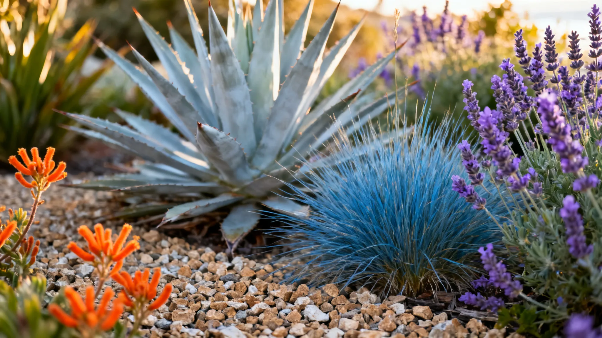 Coastal Newport Beach low-water plant bed with agave, blue fescue, salvia and lavender
