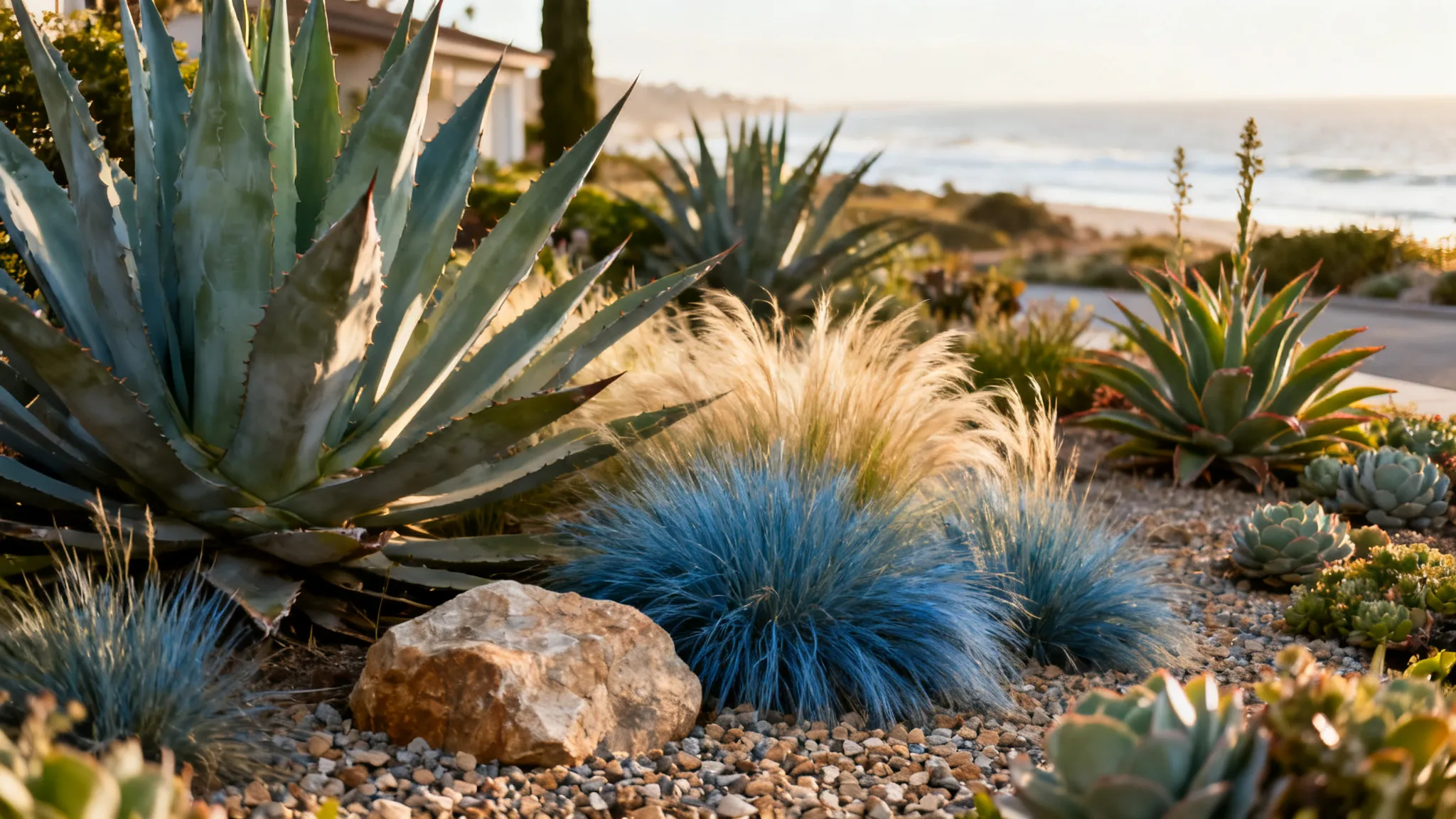 Drought-tolerant front yard in Orange County with agaves, grasses and succulents and no lawn