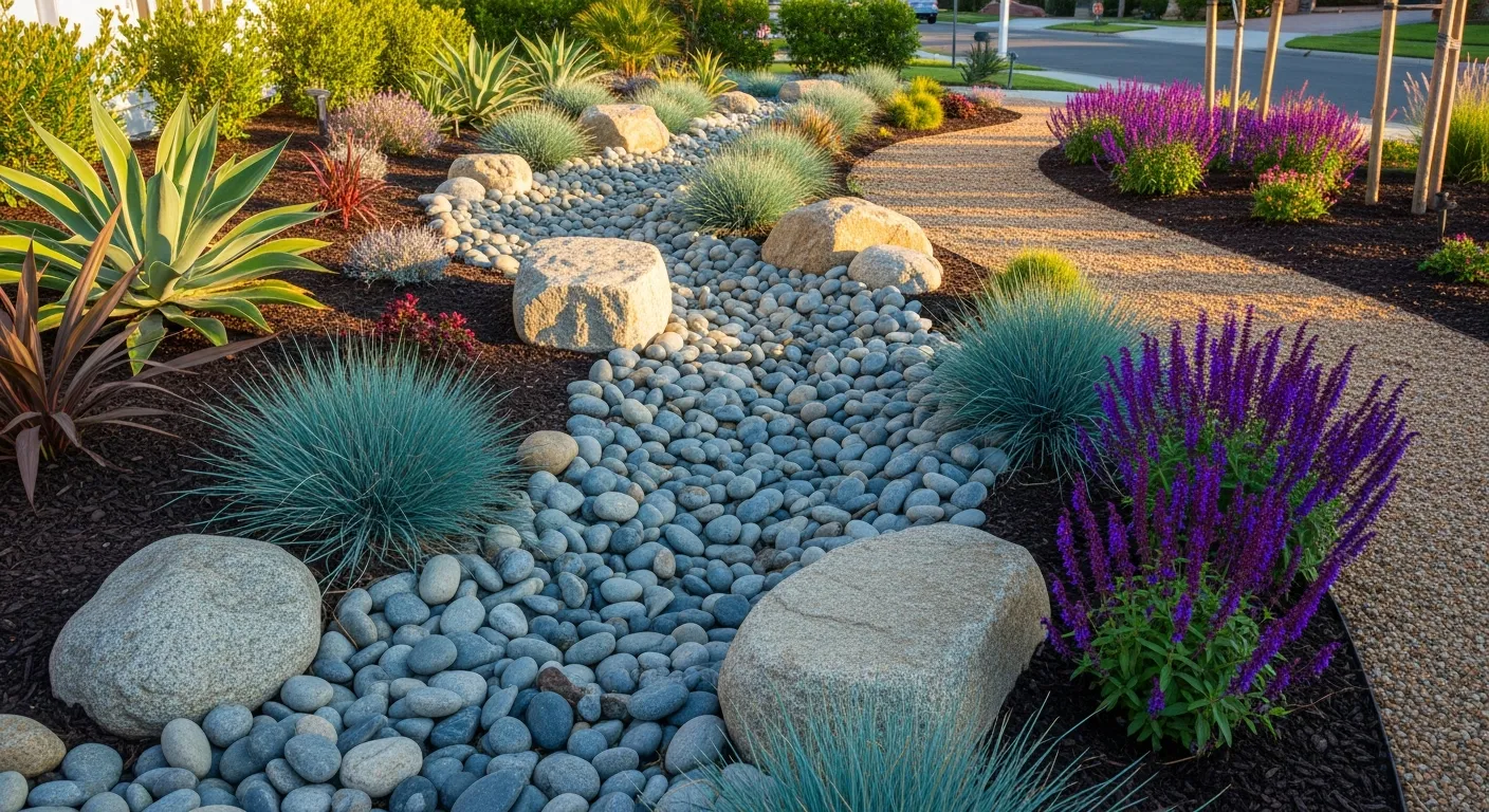 A dry creek bed of river rock and natural boulders winding through a drought-tolerant Orange County front yard
