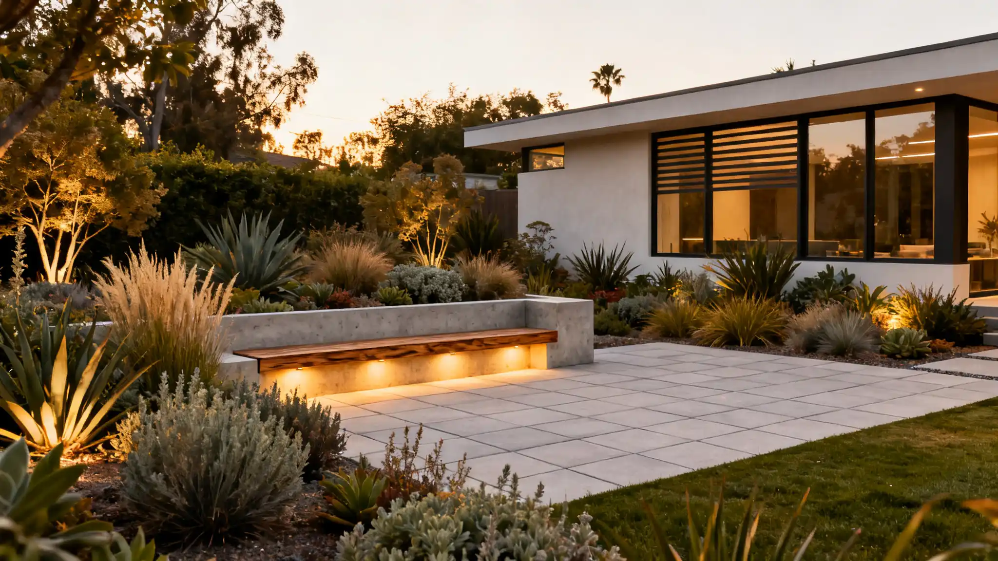 Modern Orange County backyard at dusk with a paver patio, a built-in illuminated bench, and drought-tolerant planting designed and built by All Seasons