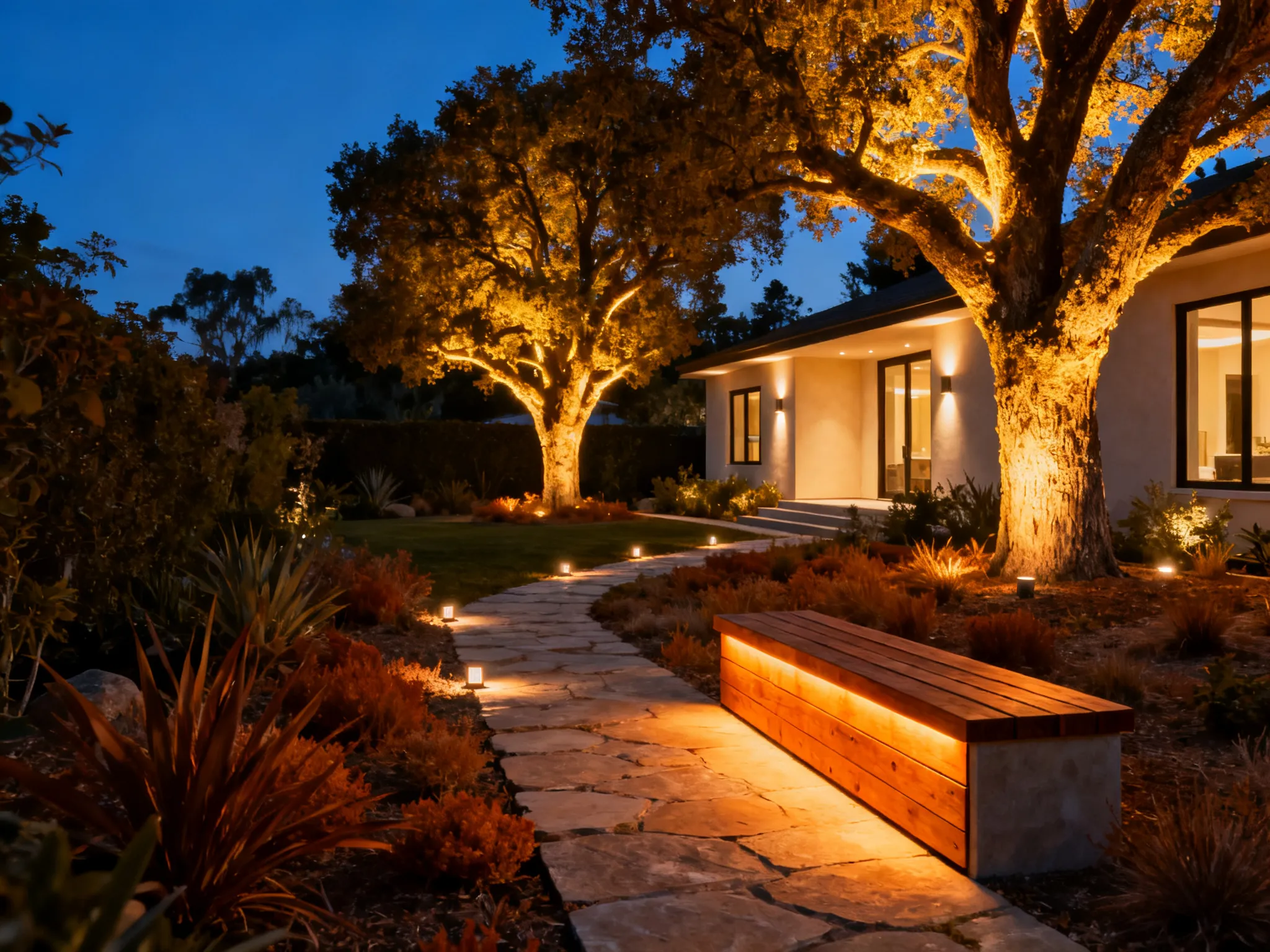 Warm low-voltage landscape lighting in an Orange County backyard at dusk