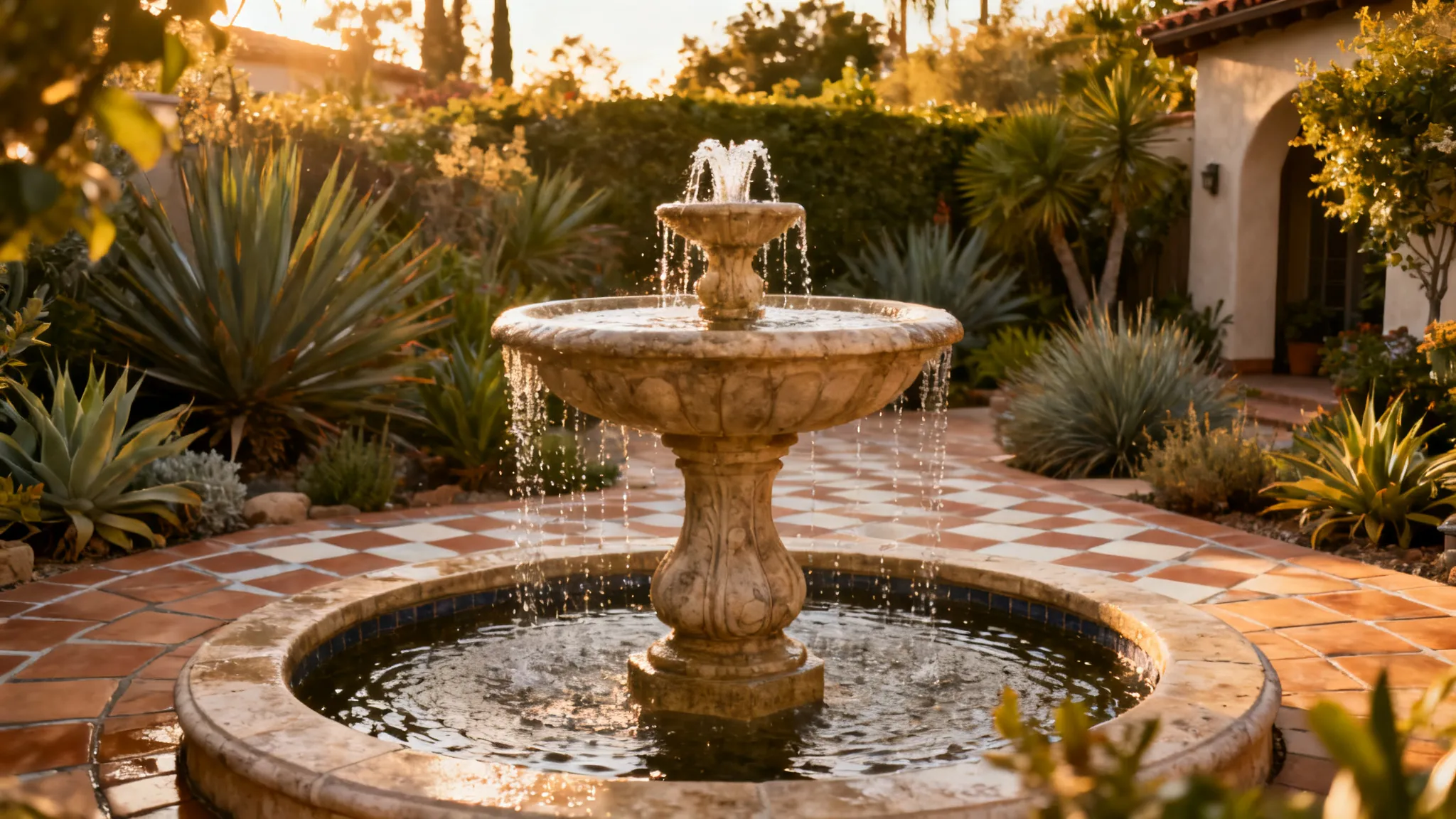 An elegant recirculating stone fountain as the focal point of an Orange County courtyard garden