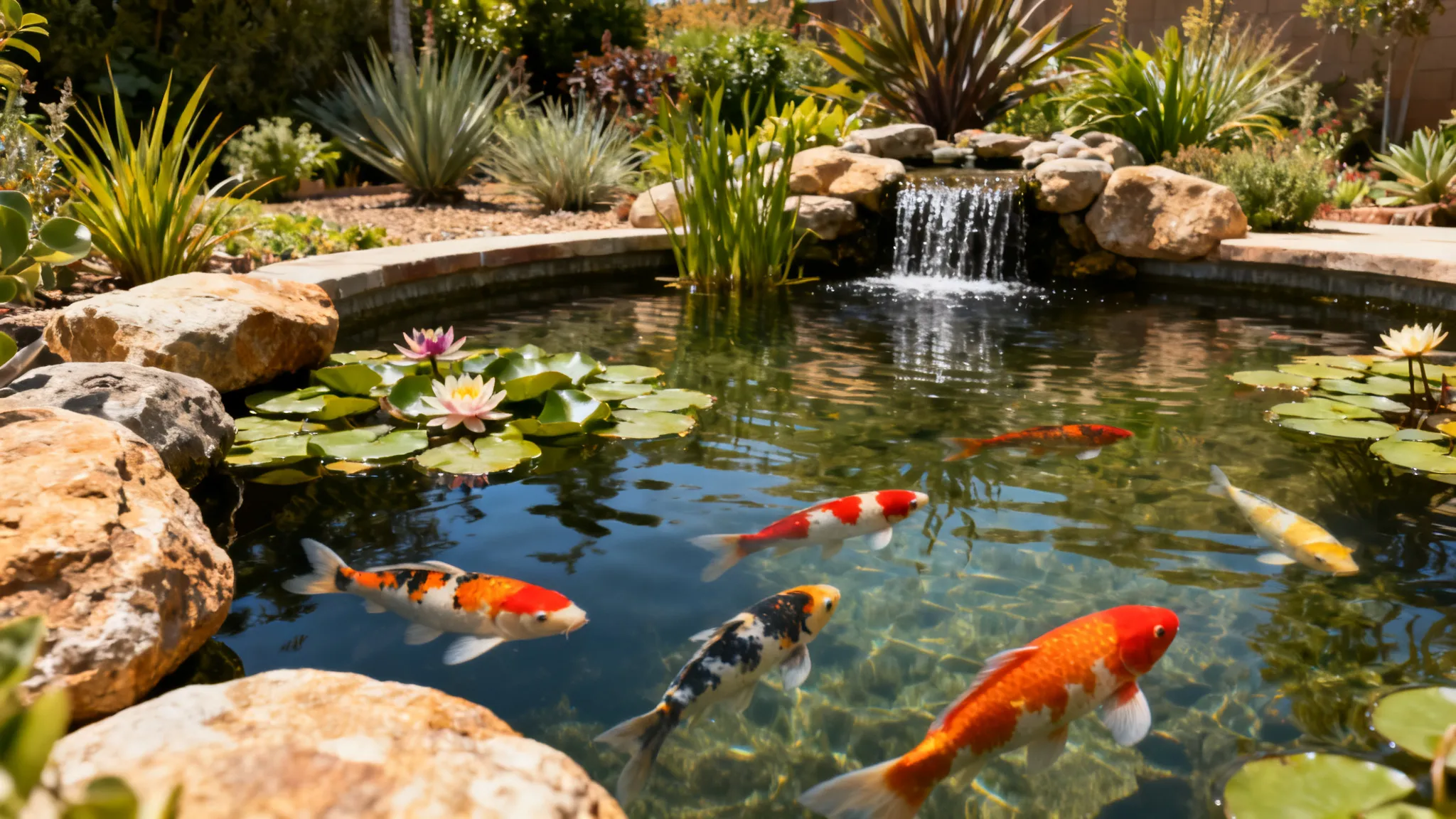 A finished backyard koi pond with colorful koi, boulder edges, a waterfall and water lilies