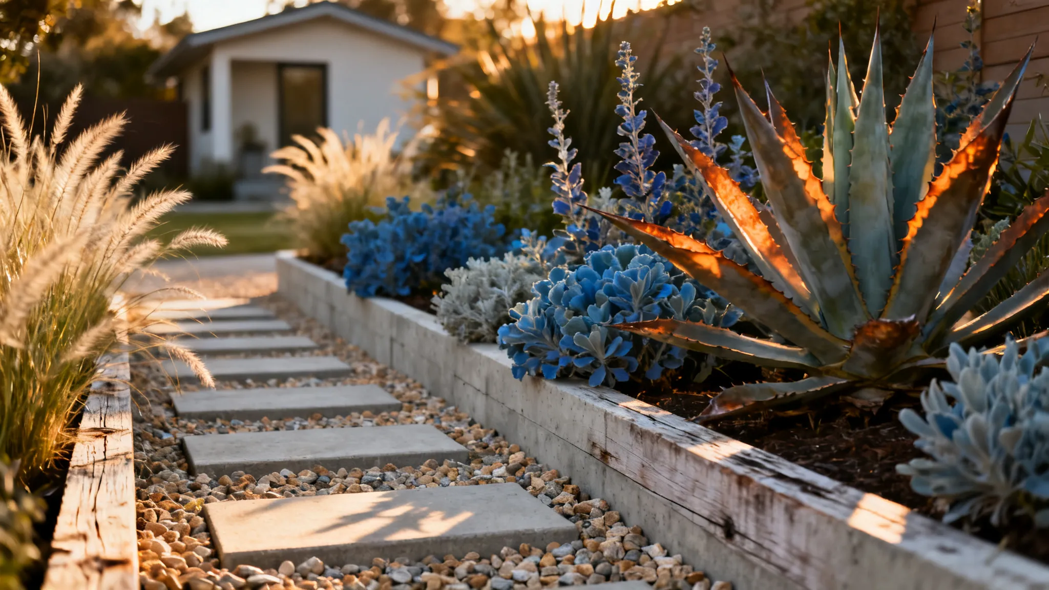 Custom landscape design and installation in an Orange County backyard with drought-tolerant planting and hardscape