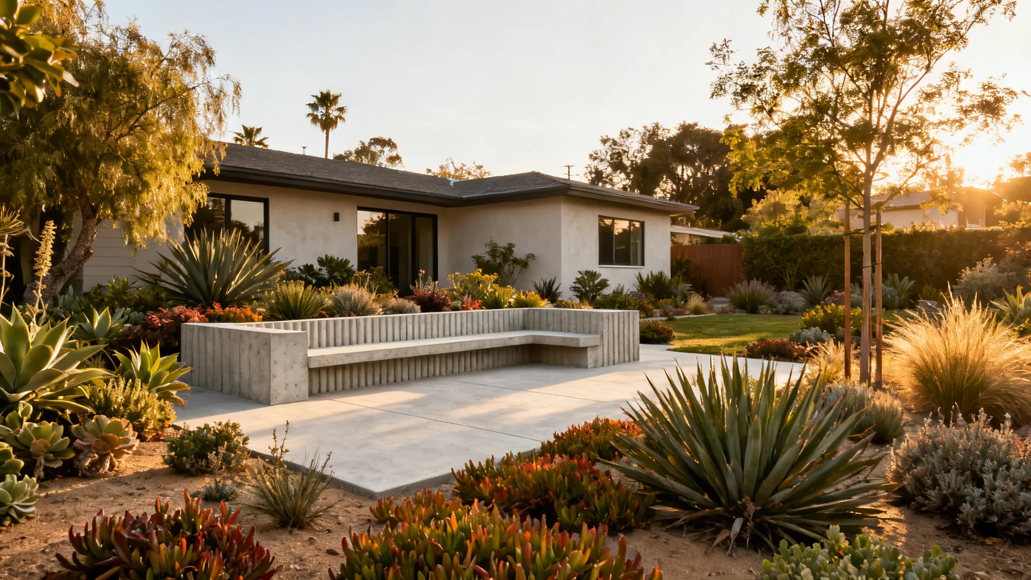 A professionally designed Orange County backyard with layered planting and clean concrete hardscape