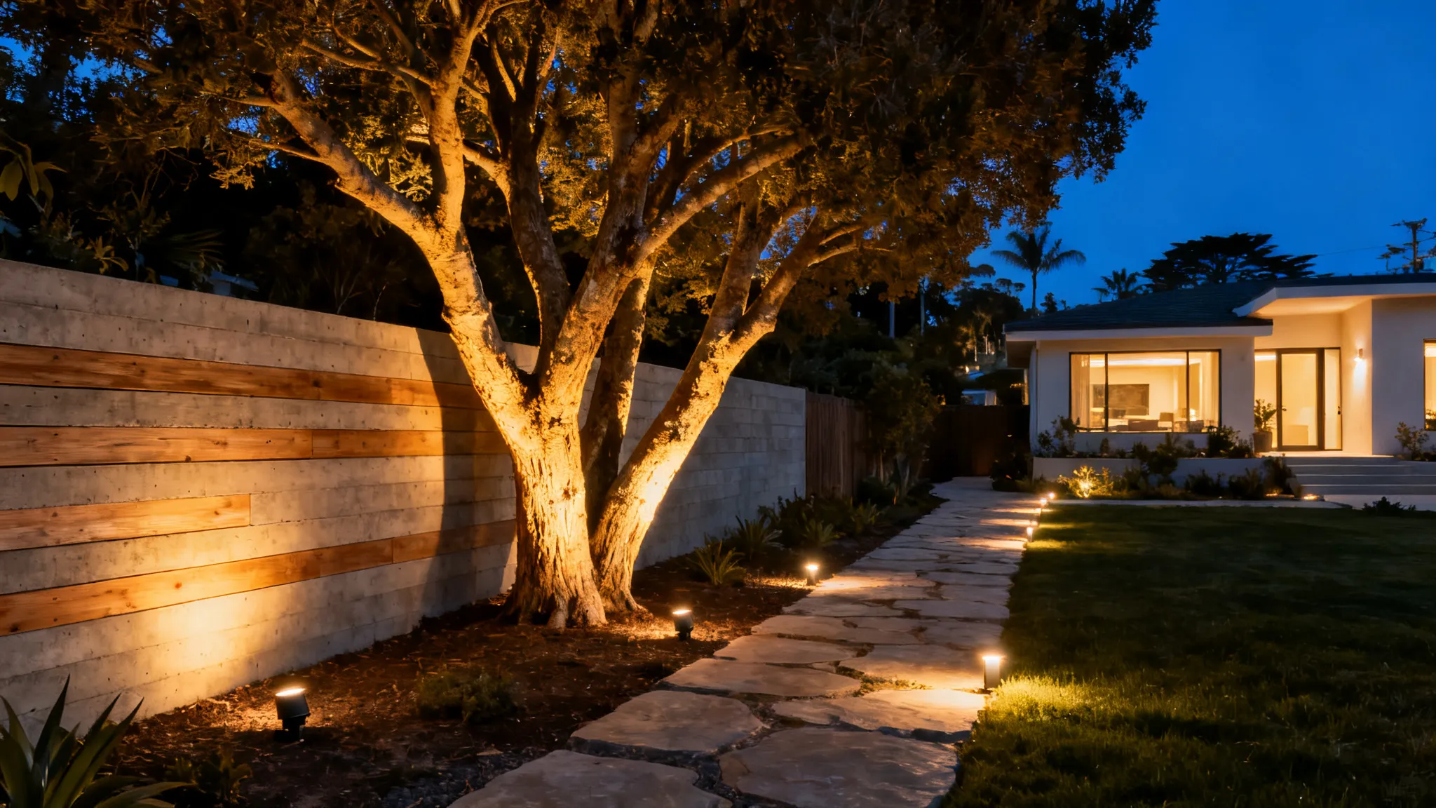 Warm low-voltage landscape lighting illuminating a coastal Orange County backyard at dusk