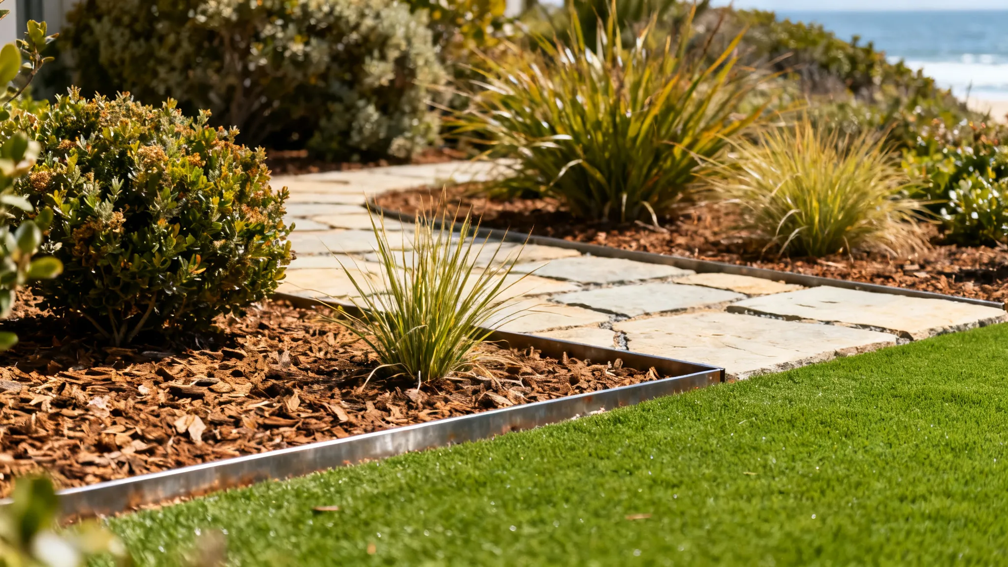 Tidy low-maintenance coastal Newport Beach garden with mulched beds, grasses and a small turf lawn