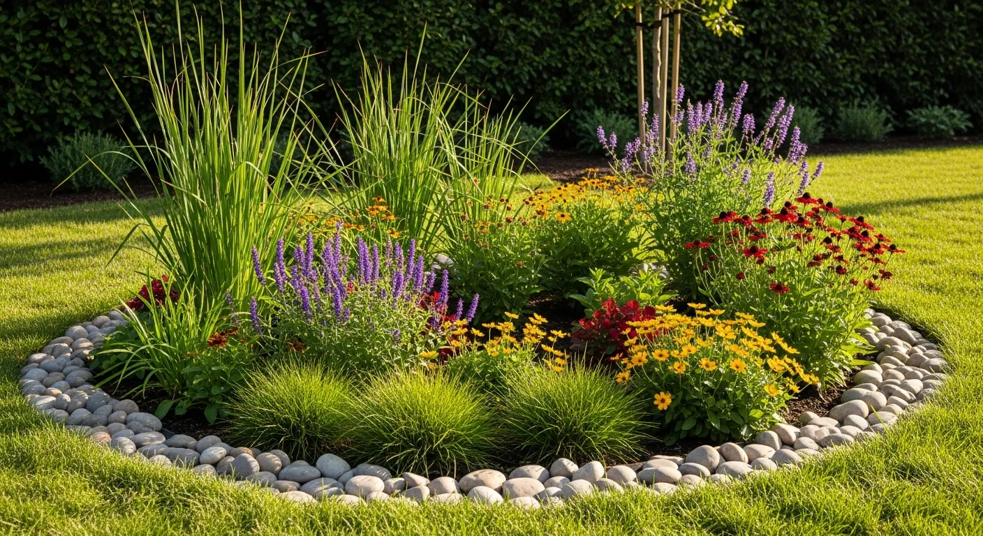 A lush rain garden basin planted with rushes, sedges, and flowering perennials capturing rainwater in an Orange County backyard
