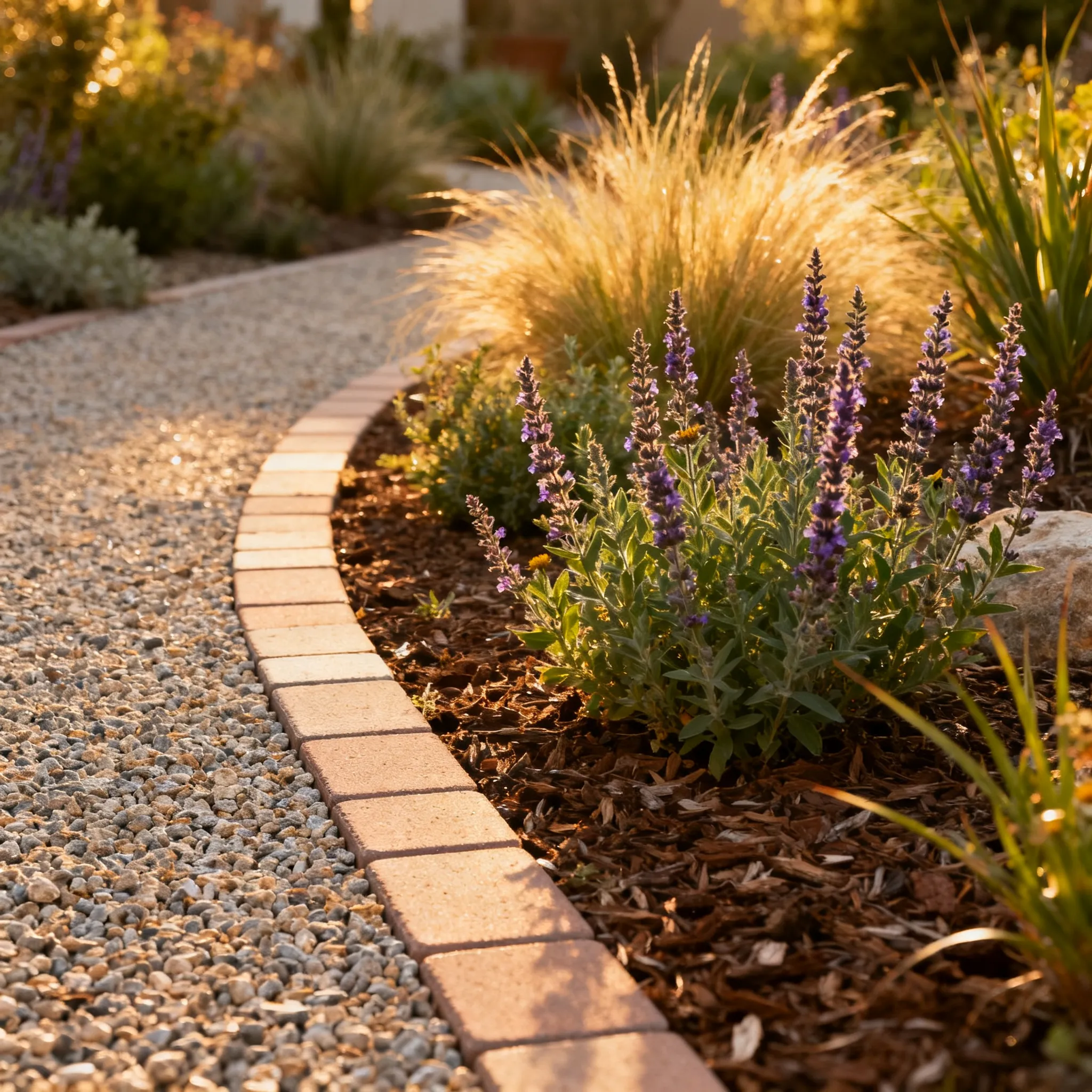 Sustainable water-wise landscape design with native drought-tolerant planting and permeable hardscape in Orange County
