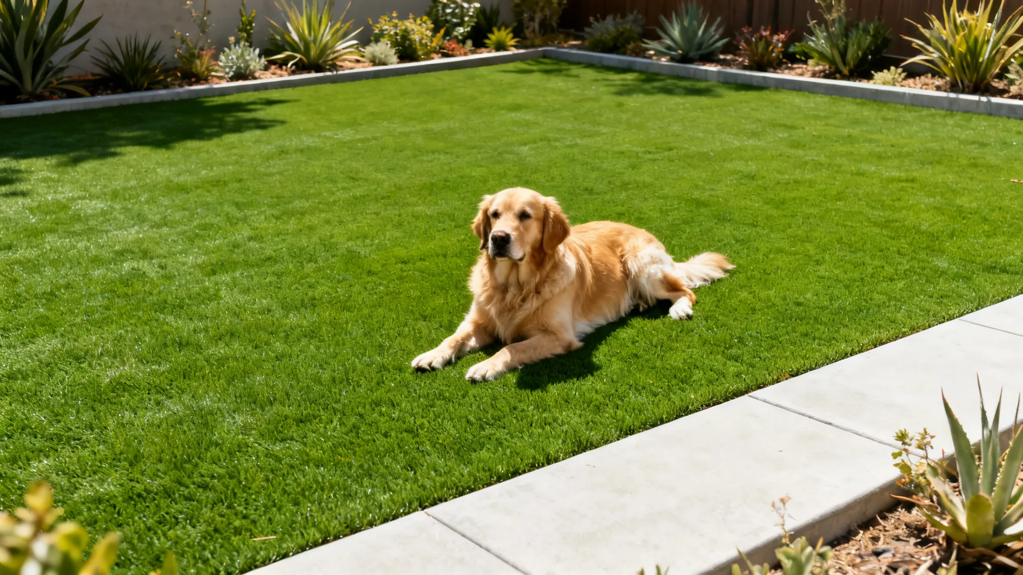 Family backyard with a lush synthetic turf lawn and a dog, bordered by drought-tolerant plants