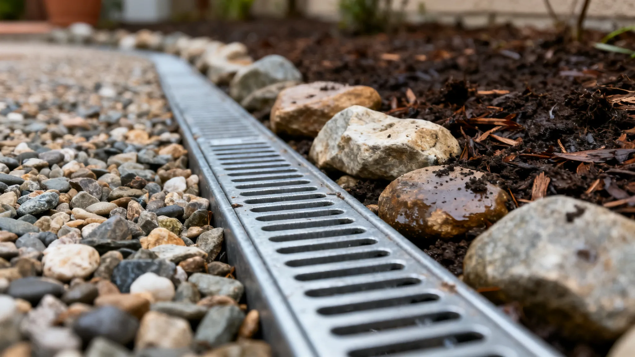 Newly installed channel drain and gravel French drain along a backyard patio edge
