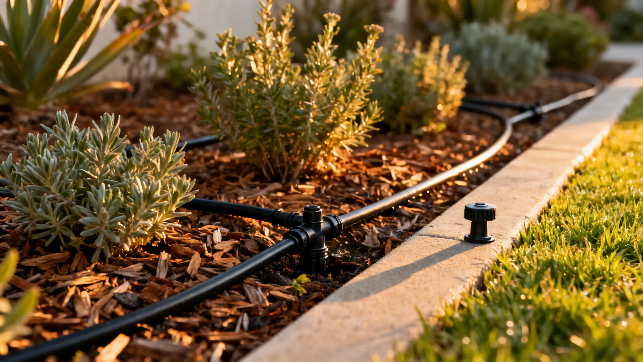 Efficient drip irrigation and sprinkler system installed in a drought-tolerant Orange County garden