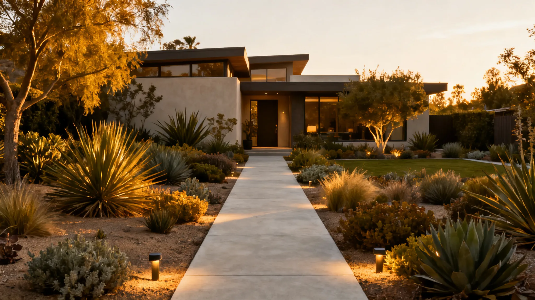 A polished, professionally designed Orange County front yard at golden hour